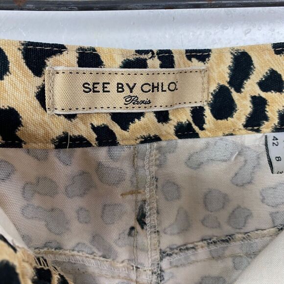 See By Chloe Cheetah Animal Print Denim Skirt Size 8 Below Knee A-Line Zip Front - Picture 10 of 14